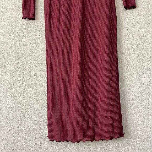 Topshop Ribbed Maroon Bodycon Lettuce Hem Long Sleeve Fall V neck Midi Dress 8 - Picture 2 of 10